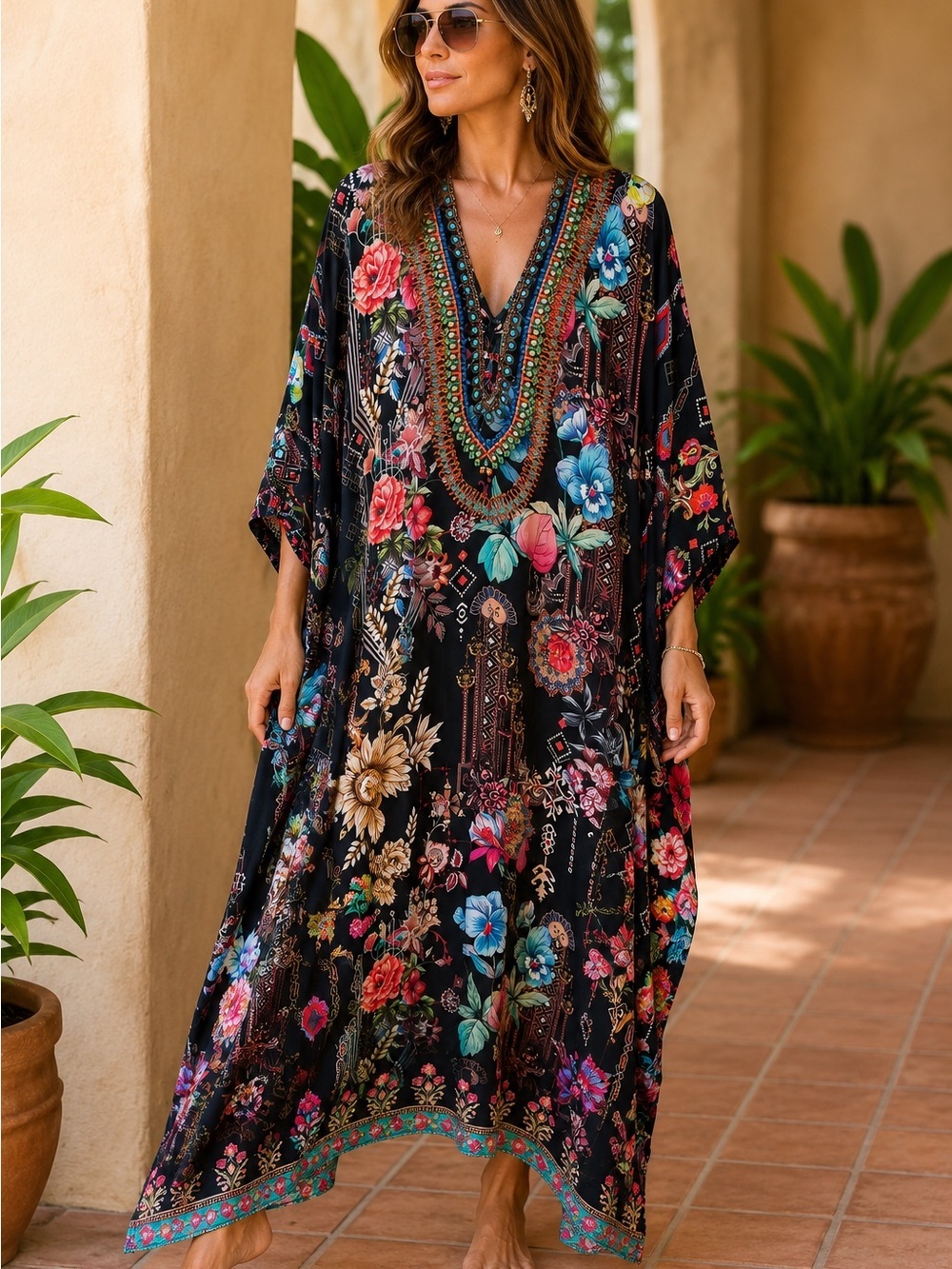 Sakkas OS Viscose Silk Boho Caftan Maxi Dress Floral Embellished Tall